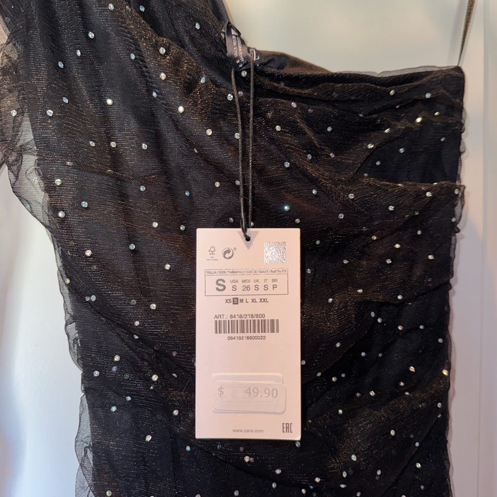 zara black rhinestone one shoulder black bodycon dress - Picture 3 of 3